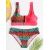 Women Leopard Patchwork Front Zipper Bikini Backless Swimwear