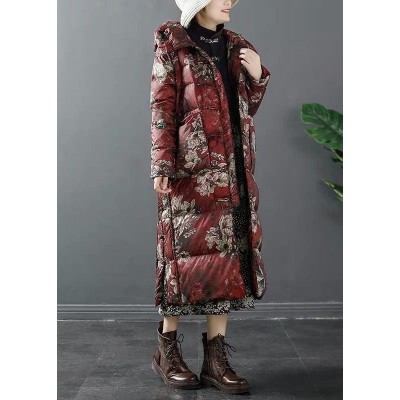 Chic Red Hooded Print Duck Down Winter down coat