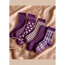 Elegant Purple Plaid Jacquard Cotton Mid Calf Socks