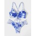 Women Tie Dye Criss  Cross Back Bandage Backless High Fork Bikini