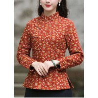 Handmade Red side open Stand Collar button Print Fine Cotton Filled tops Winter